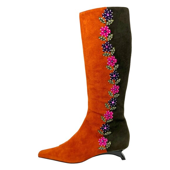 Moschino Cheap and Chic Suede Embroidered Boots 37.5 Made in Italy - Picture 1 of 6